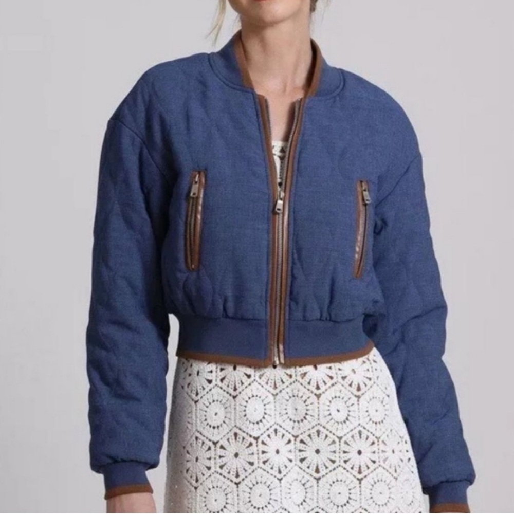 NWT 7 for all Mankind Blue Quilted Bomber Jacket Cropped Medium